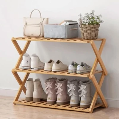 Imagen de Glsety zapatero de bambú 3 niveles, plegable portátil, sin instalación, pequeño, perfecto para pasillos, dormitorios y espacios pequeños (3 niveles)