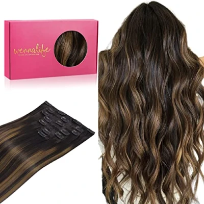 Imagen de WENNALIFE Extensiones Clip Pelo Natural, 40cm 120g 7 Piezas, Negro Natural Mezclado Con Marrón Castaño de Remy Cabello Postizos Mujer