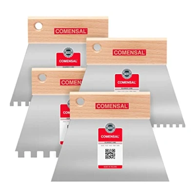 Imagen de COMENSAL® Set de 4 Espátula Encolar Dentada Trapezoidal 150 mm Acero Inoxidable Dientes 4x4 C1, 6x6 C2, 8x8 C4 Made in EU