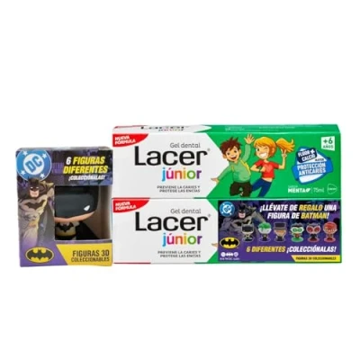 Imagen de LACER JUNIOR Duplo Gel Dental Infantil 75 ml con Figura de la Liga Justicia, para Niños +6 años, Sabor a Menta, Previene Caries, Fórmula Flúor Más Calcio, Cuida los Dientes Leche