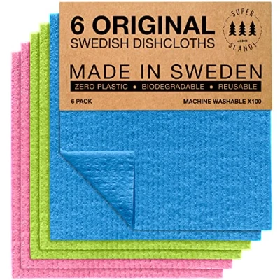 Imagen de SUPERSCANDI Bayeta Sueca Super Absorbente, Reutilizable Y Ecologica Paños De Cocina Biodegradables Celulosa Algodón Trapo Cocina, Limpieza Pack x6, Multicolor