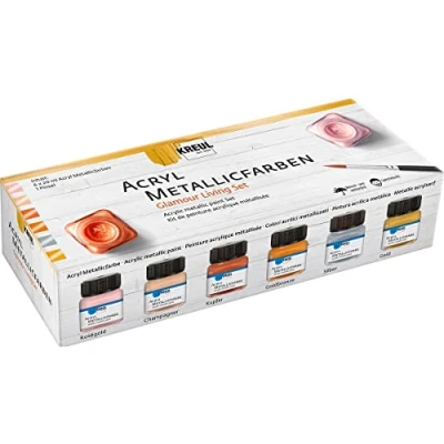 Imagen de KREUL 77601 Color Living Juego de 6 botes Pintura acrílica metalizada 20 ml con 1 pincel cremosa cobertura total un glamuroso efecto metálico Secado rápido y resistencia al agua