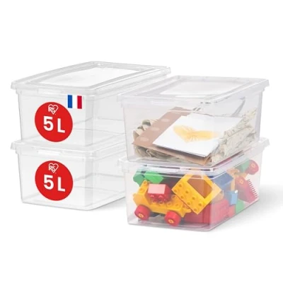 Imagen de Iris Ohyama, Petite Boite de Rangement Multi Usages, 5L, Lot 4, Transparent, Fermeture Facile, Empilable, en Plastique pour Vêtement,Etagères, Jouet, Papeterie, Chaussures, CNL 5
