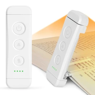 Imagen de Glocusent Luz Lectura Recargable USB, Lampara de LED con Pinzas, 3 Colores Ámbar &amp; 5 Brillos Regulables, Compacta y Larga Duración,Regalo para los Amantes del Libro