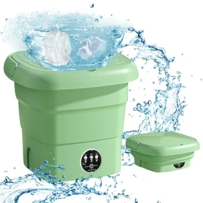 Imagen de 4,5 L lavadora portátil, mini lavadora, ropa plegable con cesta de drenaje, hasta 1,4 kg, viaje, camping, para interior, calcetín, apartamento, estudiante (Verde)