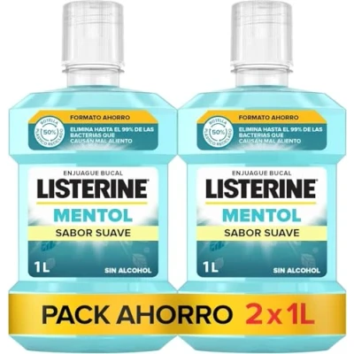 Imagen de Listerine Mentol Sabor Suave (pack de 2 x 1000 ml), enjuague bucal refrescante con flúor, colutorio sin alcohol uso diario, elixir para un aliento fresco duradero