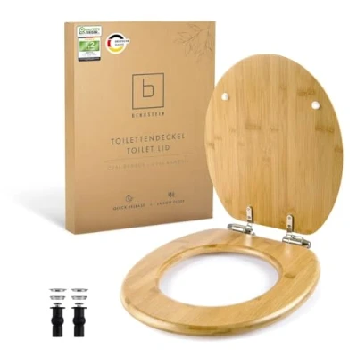 Imagen de Benkstein® Asiento de inodoro bambú alta calidad con descenso automático, función liberación rápida, tapa madera calidad, robusta, antibacteriana, sostenible,