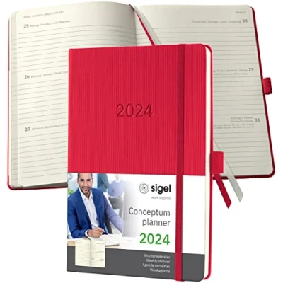 Imagen de SIGEL C2464 Conceptum Agenda semanal 2024, aprox. A5, rojo, tapa dura, dos páginas = una semana, 192