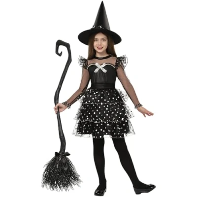 Imagen de Spooktacular Creations Disfraz de Bruja para Niñas con Vestido Negro Brillante, Sombrero y Medias, Ideal Halloween Juegos Rol