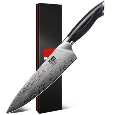 Imagen de SHAN ZU Cuchillo de Chef Acero en Polvo, 20cm Cocina Japonés, Cocinero Profesional Duro, para Trinchar Ultra Afilado, Mango Ergonómico Madera Pakka