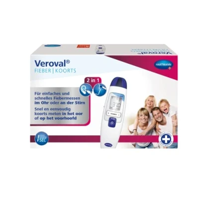 Imagen de Veroval Termómetro infrarrojo 2 en 1, medición rápida de la fiebre el oído y frente, ideal para familias, incluye 10 tapas protectoras