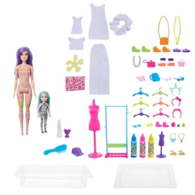 Imagen de Barbie Brand Color Reveal Set de Regalo Serie Tie Dye Batik Muñecas y Chelsea Colores Sorpresa con Juego para teñir Ropa, más 50 Accesorios Mascota, Juguete +3 años