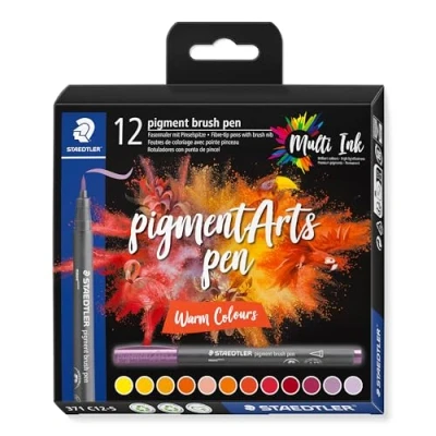 Imagen de Staedtler Brush pen pigment Arts, tinta de dibujo premium, punta pincel para ancho línea variable, impermeable, secado rápido, 12 rotuladores en colores surtidos estuche cartón, 371 C12 5