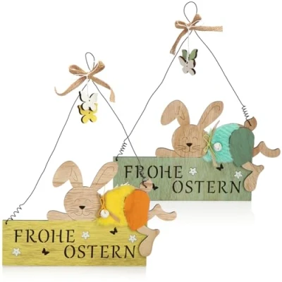 Imagen de com four® 2X Letrero Decorativo de Puerta Decoración Pascua Madera con Conejo para Colgar y Exhibir (2 Piezas 30x36cm)