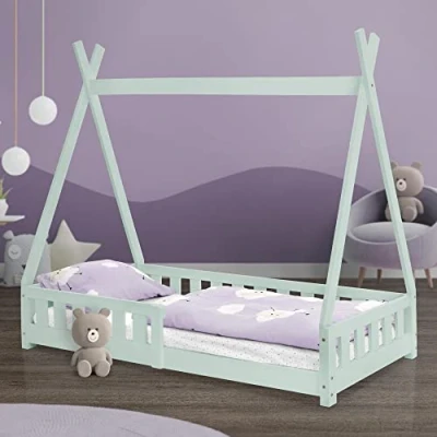 Imagen de ML Design Cama Infantil Tipi 80x160 cm con Protección Anticaída y Somier Estructura Listones de Madera Pino Maciza Forma Casa Mobiliario Juego Tienda Campaña