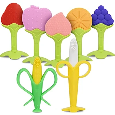 Imagen de Vicloon Mordedor Bebes Refrigerante,7pcs Mordedores de Silicona Natural BPA Gratis Natural,Juguetes DenticiónAliviar El Dolor Encías,con Cepillo Dientes para BeBés