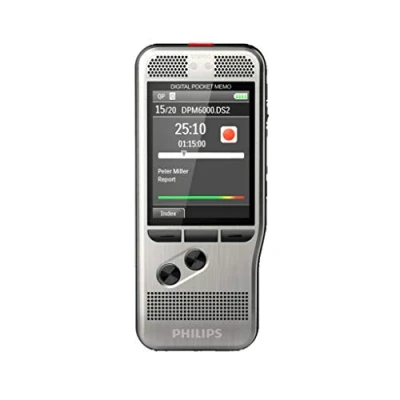 Imagen de Philips PocketMemo Grabadora de Voz DPM7200/02, Interruptor Deslizante (Phi.), Dos micrófonos, Software SpeechExec Basic Dictate (suscripción 2 años incluida)