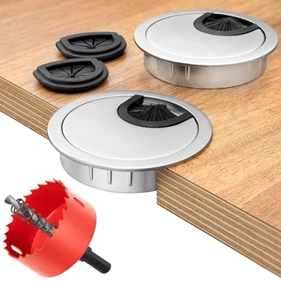 Imagen de BRUCE.® Premium pasacables [2 Piezas] con Sierra Perforadoras mesa para escritorio ø 60 mm blanco incl. 2 x de goma