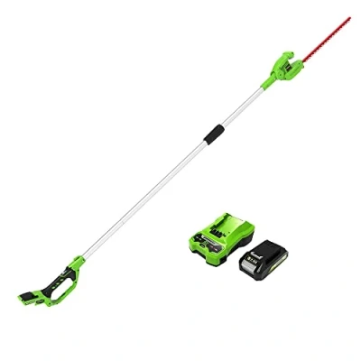 Imagen de Greenworks G24PH51K2 Cortasetos Pértiga a Batería con Eje Divisible, Cuchillas Doble Acción 51 cm, Cortes 18 mm, Pivote Cabezal de 125, 1500 spm, 24 V y Cargador, 3 Años Garantía