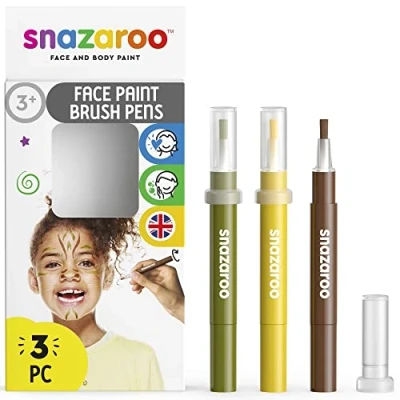 Imagen de Snazaroo Set de 3 Rotuladores maquillaje &quot;Jungla&quot;, color amarillo, marron, verde, para niños y adultos, base agua, pintacaras, aguacolor