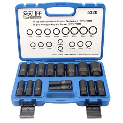 Imagen de CCLIFE Juego de 16 piezas Llaves Vaso Impacto 1/2&quot; Vasos Largos Cr Mo 10 32mm