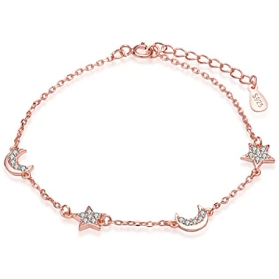 Imagen de Infinite U Elegante pulsera de eslabones para mujer plata ley 925 con abalorios en forma estrellas y lunas, circonitas cúbicas, cadena mano ajustable, oro rosa