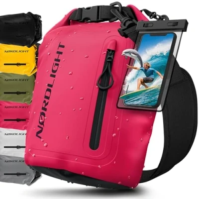 Imagen de Nordlight Bolsa Estanca Impermeable + Funda para Móvil, Cierre Enrollable, Correa Hombro Drybag Mochila Saco Estanco de Transporte Náutica Playa Sup Rosa, 5 litros