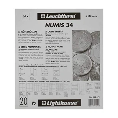 Imagen de Leuchtturm 338571 Envoltorios para Monedas NUMIS 34, 20 Compartimentos de hasta Ø 34 mm 2, 5 y 10 Euros Paquete
