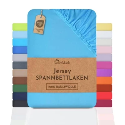 Imagen de NatureMark Sábana Bajera Ajustable de Jersey, 100% algodón en Muchos tamaños y Colores, 180 x 200 cm cm, Turquesa