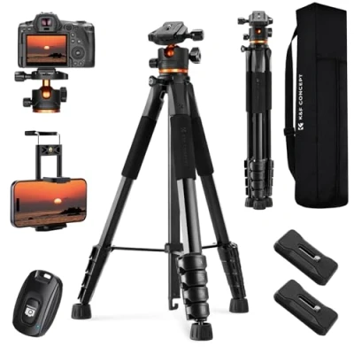Imagen de K&amp;F Concept Trípode Ligero Portátil 190cm S255A3+BH 36 Tripode para Movil de Cabeza Esférica DSLR, Cámara Réflex Digital, Teléfono Móvil, etc., con Clip Móvil