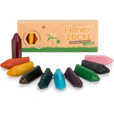 Imagen de Honeysticks Ceras de Colores 100% Pura Cera Abeja Natural 10 para Bebés Triangulares Desarrollar la Sujeción del Lápiz No Tóxico, Grado Alimentario, Hechas en Nueva Zelanda