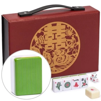 Imagen de Yellow Mountain Imports Set de Mahjong Chino Oasis Bambú con 146 Fichas Pequeñas y Estuche Vinilo Rojo — Solo para Estilo Juego [「竹林綠洲」中國麻將]