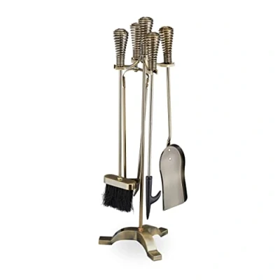Imagen de Relaxdays Accesorios Chimenea, Set 5 Piezas, Atizador, Pala, Escoba, Pinzas y Soporte, Útiles de Estufa, Acero, Dorado, 64 x 22 20 cm