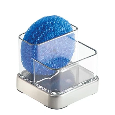 Imagen de iDesign Forma Organizador de cocina para fregadero, jabonera pequeña con porta estropajo en plástico y metal, transparente plateado
