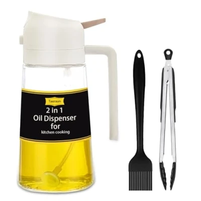 Imagen de Taerxun Pulverizador aceite spray,Spray cocina y vierta 2 en 1 aceitera cristal,470ml antigoteo,Apto para cocina, Freidora, Grill, Horneado, Etc., Blanco.