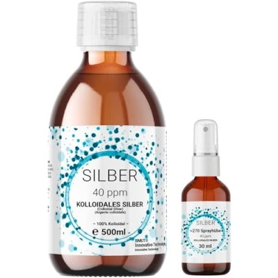 Imagen de 1 x 500 ml de plata coloidal (40 ppm) en botella cristal ámbar con pulverizador 30 agua plateada pura 100%