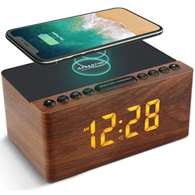 Imagen de ANJANK Radio Despertador Digital de Madera con estación Carga inalámbrica, 10 W, Cargador rápido inalámbrico para iPhone/Samsung Galaxy, Puerto USB, Reloj sin Tic TAC.