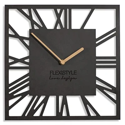 Imagen de FLEXISTYLE Reloj de Pared sin Ruido tictac Moderno Loft Piccolo Square 30 cm Salón Baño (Negro)