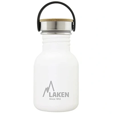 Imagen de LAKEN Botella Agua Acero Inoxidable con Tapón Bamboo y Boca Ancha, (0,35L Blanco) Reutilizable, Ideal para Montaña, Camping, Deportes más