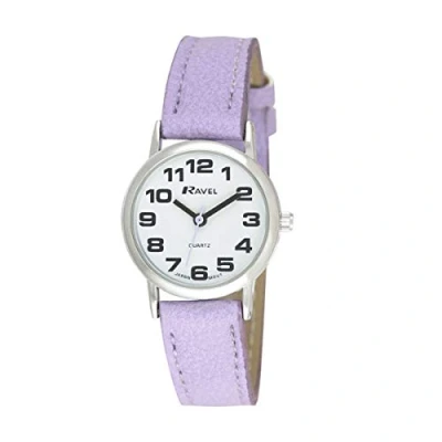 Imagen de Ravel Reloj Unisex de Correa fácil Lectura con números Grandes (pequeño) Morado/Tono Plateado/Esfera Blanca