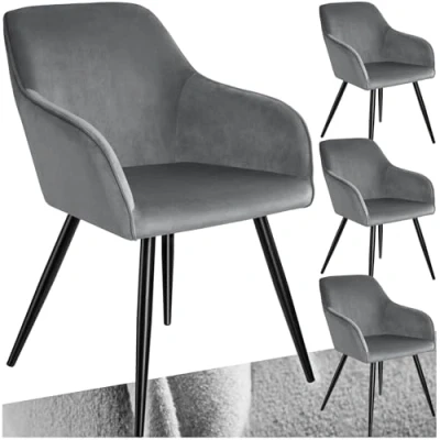 Imagen de TecTake® Silla Tapizada en Terciopelo, Sillas de Comedor Ergonómicas y Versátiles, Gran Estabilidad Capacidad Carga, Cocina Elegante 4 Gris/Negro