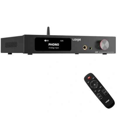 Imagen de LOXJIE Amplificador de potencia digital A40 165 W x 2 para audífonos, decodificación DSD256, BT 5.1, entradas ópticas I2S HDMI ARC PHONO y salida subwoofer control remoto