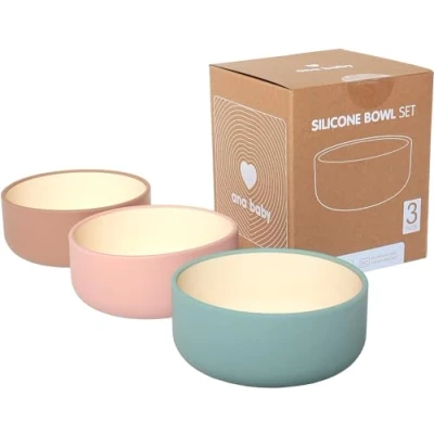 Imagen de ana baby Paquete de 3 cuencos silicona en colores pastel, grado alimenticio y sin BPA, perfectos para destete, lavavajillas microondas