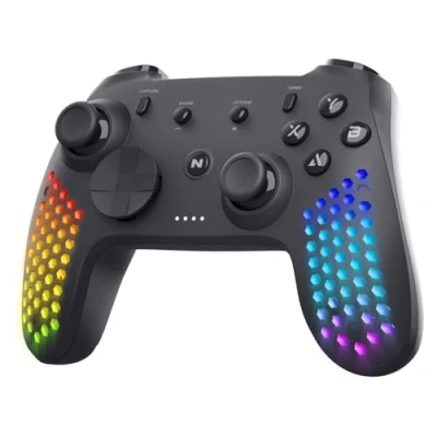 Imagen de NITHO Mando Inalámbrico para PC/Switch/Android/iOS, Joystick de Diseño Hexagonal con Vibración, Sensor Movimiento 6 Ejes, Efectos LED RGB, Abrazadera Ajustable Soporte Teléfono