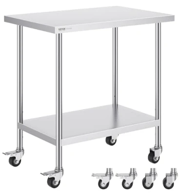Imagen de VEVOR Mesa de Trabajo Acero Inoxidable Preparación con 4 Ruedas 3 Niveles Altura Ajustable Alimentos para Cocinas Restaurantes Comerciales 91,4x61 cm