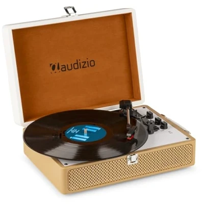 Imagen de Audizio RP119 Tocadiscos Retro con Altavoz Bluetooth de Vinilo para Enviar y Recibir, 3 velocidades 33/45/78, formatos 7&#039;&#039;/10&#039;&#039;/12&#039;&#039;, AUX 3,5 mm RCA/Cinch Bronce/Cuero