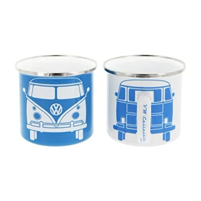 Imagen de BRISA VW Collection Volkswagen Juego de 2 Tazas Esmalte para café té o Cappuccino Camping T1 Bus (Blanco/Azul)