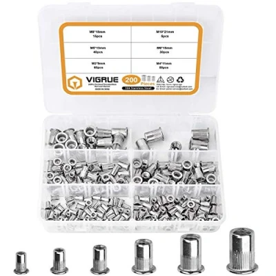 Imagen de VIGRUE Surtido de 200 tuercas remache M3, M4, M5, M6, M8, M10, A2 70, acero inoxidable, herramienta cabeza plana, rosca, remache, tuercas, surtido, con caja almacenamiento