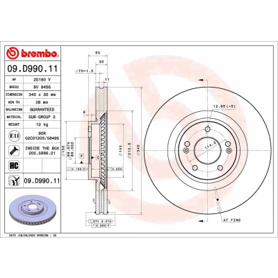 Imagen de BREMBO 09.D990.11 Disco de freno 340 30 5 ventilación interna revestido altamente carbonizado con tornillos KIA: SORENTO 3, HYUNDAI: Santa Fé IV