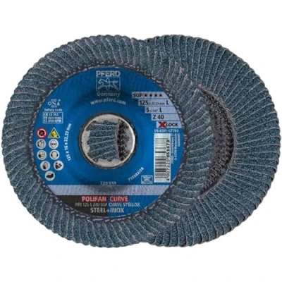 Imagen de PFERD Disco de láminas Polifan Curve, 10 unidades, 125 mm X 14 mm, Z40, LOCK (22,23 mm), SGP STEELOX, 67689063 para un mecanizado preciso costuras empalme